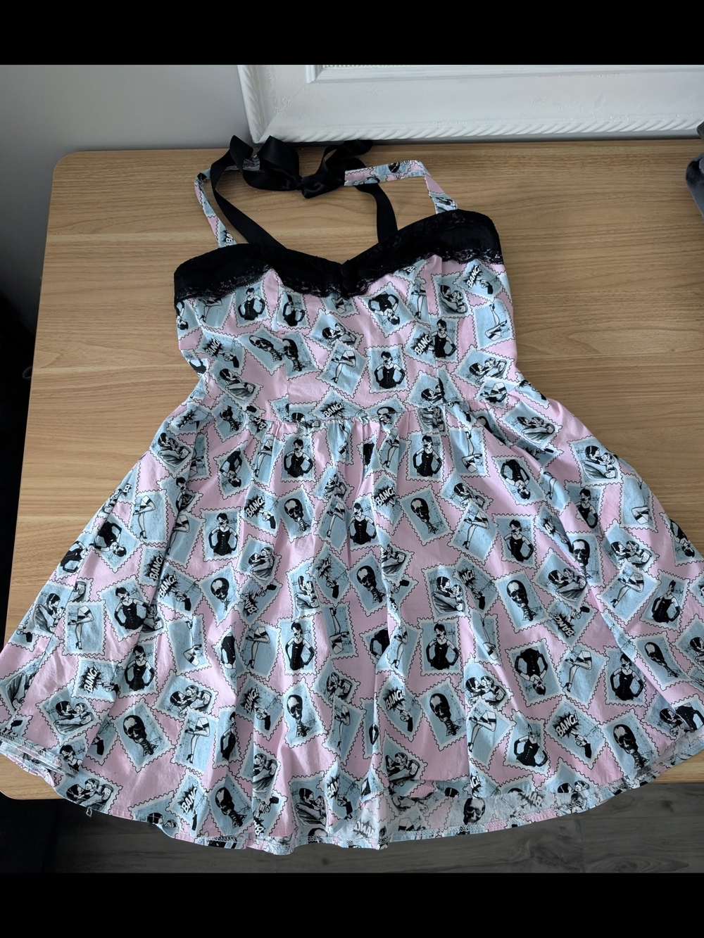 Hell Bunny Vaulted "BANG!" Pinup Stamp Halter Dress Pink Blue XL